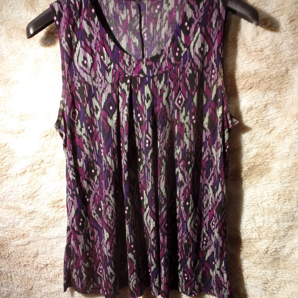 Roz & Ali black stretchy top with purple & pink geometric design 1X